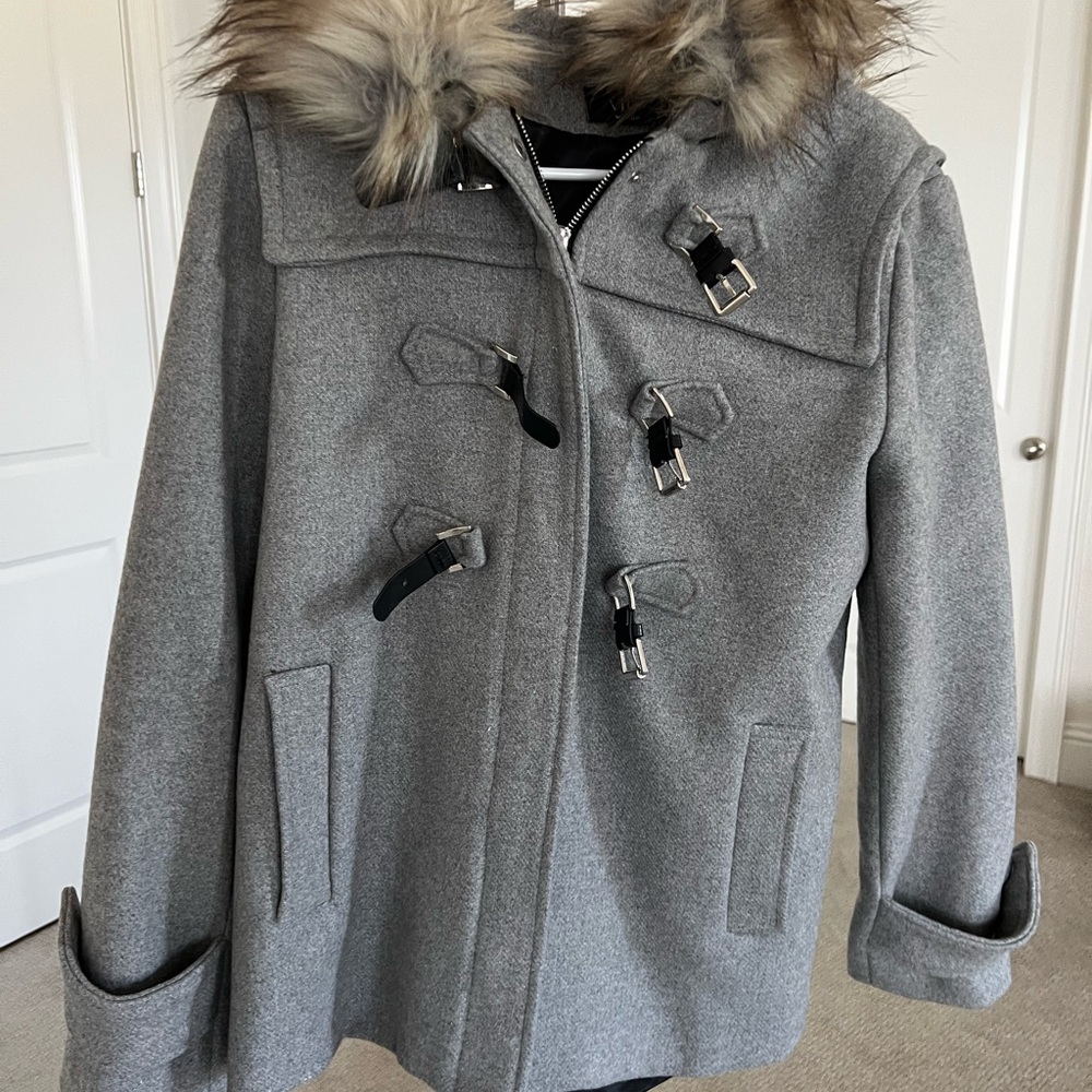 Vici Gray Pea Coat with Faux Fur Hood